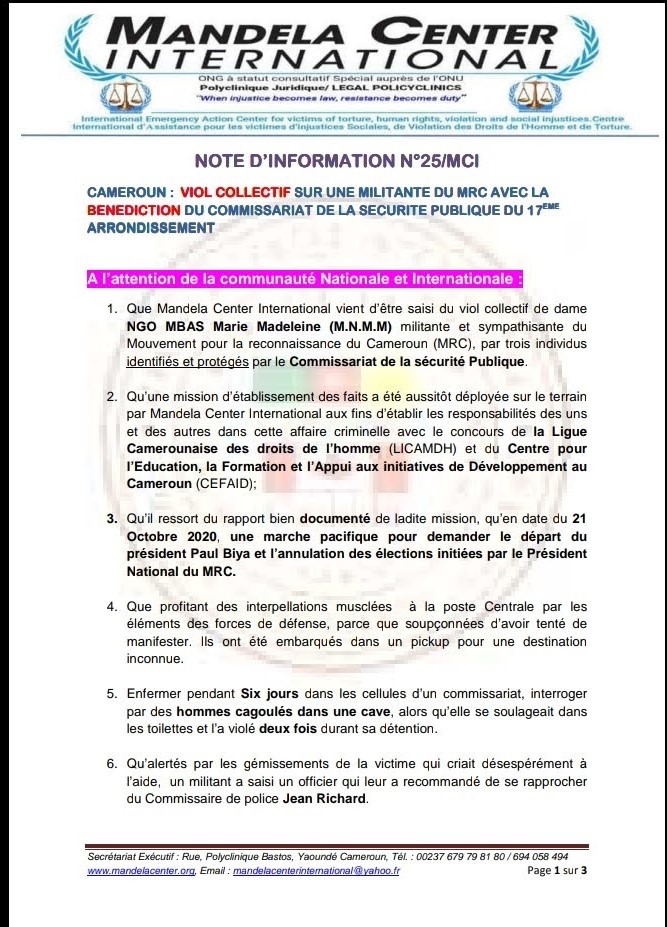 CAMEROUN: VIOL COLLECTIF SUR UNE MILITANTE DE MRC AVEC LA BENEDICTION DU COMMISSARIAT DE  SECURITE PUBLIQUE DU 17IEME ARRONDISSEMENT